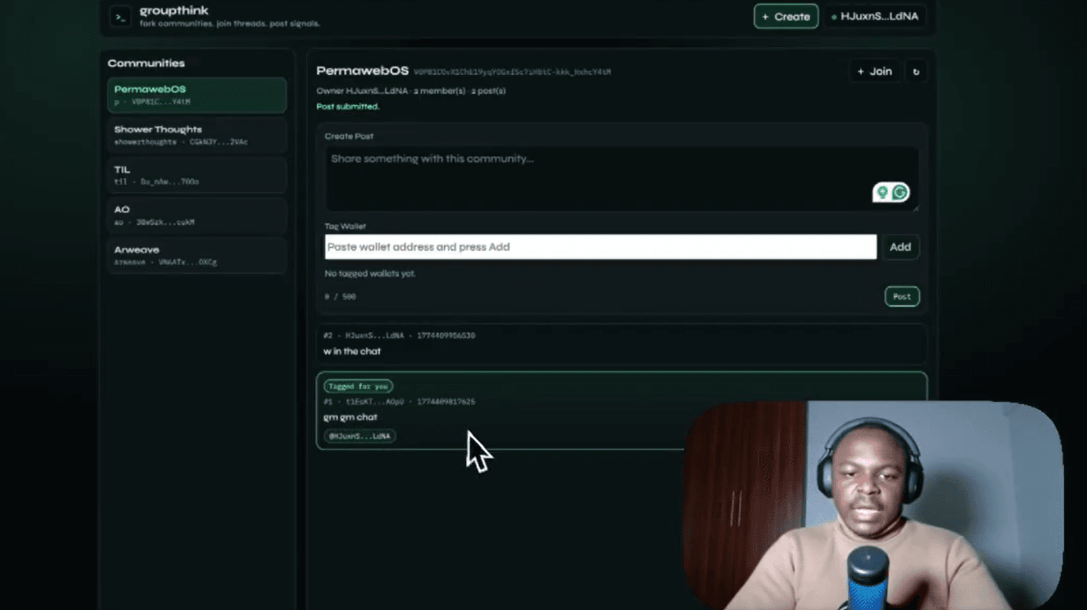 Screenshot of the Groupthink community interface with a video inset of Merdi Kim.